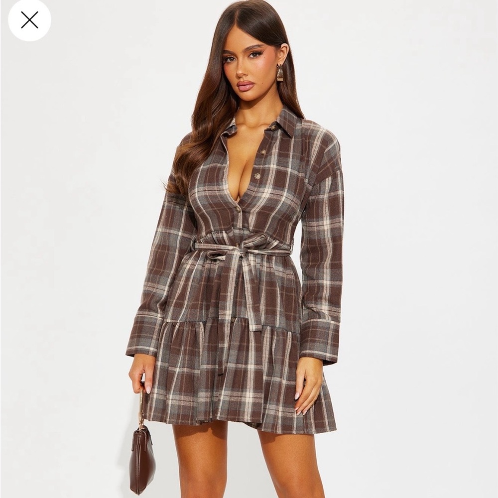 Fashion Nova Brown Plaid Long Sleeve Dress